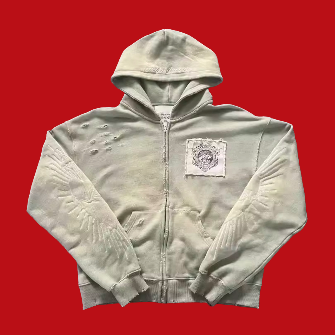 White Lightly Distressed Zip Up Hoodie